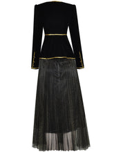Load image into Gallery viewer, 2PS Black With Golden Embroidered Edges 1950S Vintage Classic Top And Tulle Skirt Suit