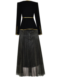 2PS Black With Golden Embroidered Edges 1950S Vintage Classic Top And Tulle Skirt Suit
