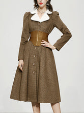 Load image into Gallery viewer, Brown Houndstooth Women&#39;s Winter Coat Long Sleeve Petal Collar With Corset