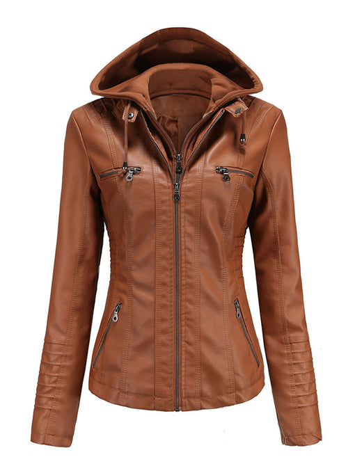 Winter‘s Coat Long Sleeve PU Leather With faux fur lined Warm Hooded Jacket For Women