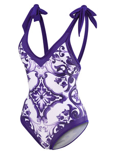 Blue And White Porcelain Retro Style V Neck One Piece With Bathing Suit Wrap Skirt