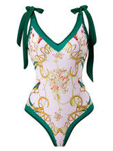 Load image into Gallery viewer, Floral Print Retro Style V Neck One Piece With Bathing Suit Wrap Skirt