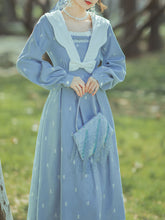 Load image into Gallery viewer, Blue Sailor Petal Neck Embroidered Vintage Dress