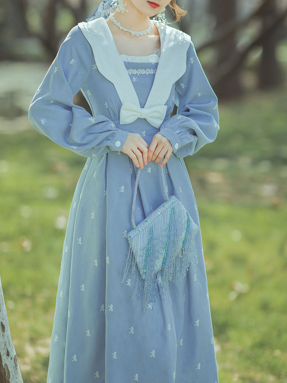 Blue Sailor Petal Neck Embroidered Vintage Dress