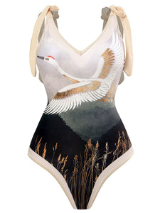 Cranes Bird Print Retro Style V Neck One Piece With Bathing Suit Wrap Skirt