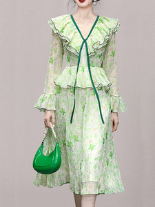 Avocado Green V Neck Ruffles Long Sleeve 1950S Vintage Dress