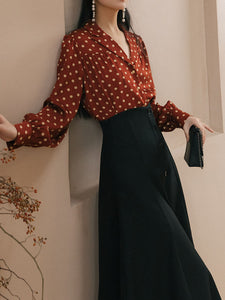 1950S Vintage Red Polka Dots Shirt And Black Skirt Set