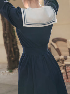 Sweet Navy Sailor Collar Long Sleeve Swing Vintage Dress