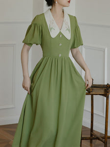 Green Chelsea  Floral Embroidered Collar Audrey Hepburn 1950S Dress