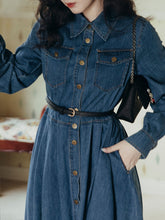 Load image into Gallery viewer, Denim Lapel Long Sleeve 1950S Swing Vintage Dress