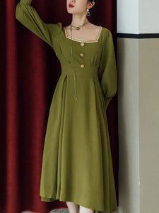 Green Embroidered Square Collar Puff Long Sleeve 1950S Dress