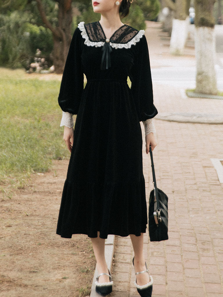 strapless open back dress Black Semi-Sheer Velvet Long Sleeve Lace Vintage Dress, Black / M