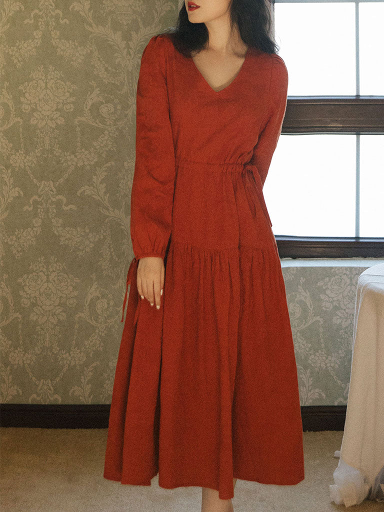 Orange V Neck Relief Jacquard Long Sleeve Vintage Dress