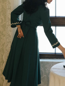 Dark Green Long Sleeve Ruffles Evdwardian Revival Dress