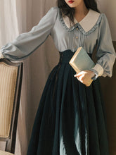 Load image into Gallery viewer, 1950S Vintage Peter Pan Puffed Sleeve Shirt And Striped Jacquard Swing Skirt Set