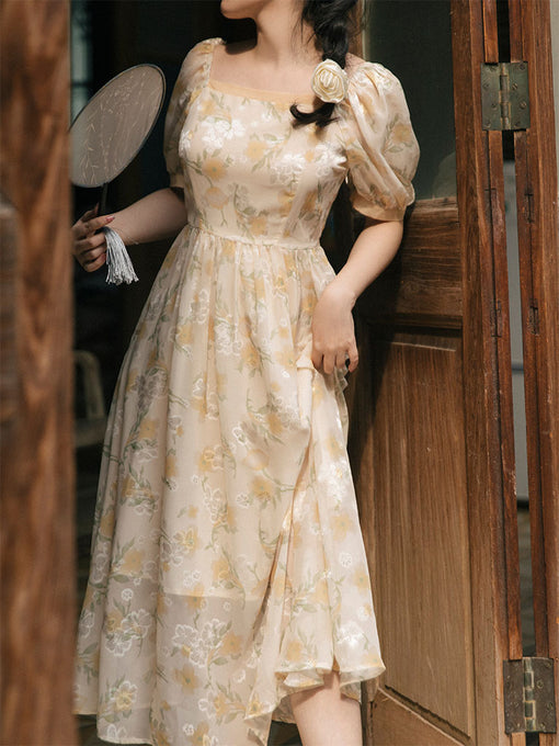 Yellow Floral Print Vintage Dream 1950S Graden Dress