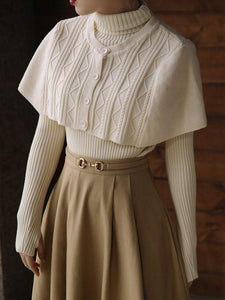 3PS White Knitted Sweater And Cape With Brown Swing Skirt Set