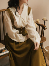 Load image into Gallery viewer, 2PS Apricot Long Sleeve Blouse And ArmyGreen Pockets Swing Strap Skirt Dresss Set