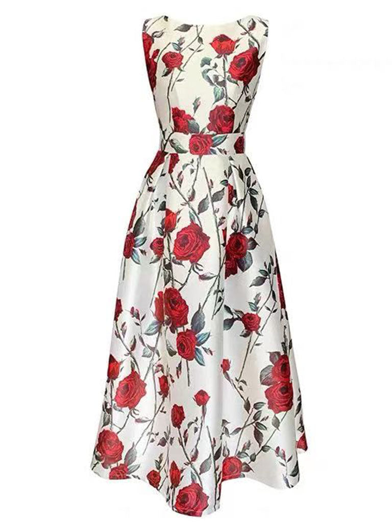 Roce Print Sleeveless Classic 1950s Vintage Garden Party Dress, Rose / L