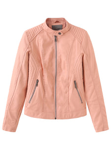 Women‘s Pu Leather Jacket Stand Collar Long Sleeve Coat