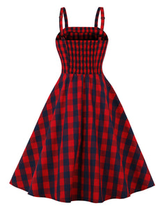 Red Plaid Spaghetti Strap Elastic Back High Waist 1950 Vintage Dress