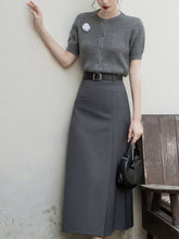 Load image into Gallery viewer, 2PS Grey Short Sleeve Knitted Sweater And Fishtail Skirt Suit