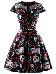 Halloween Red Skull Printed V Neck Vintage Dress