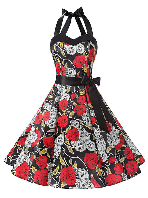 Halloween Rose Skull Printed Vintage Dress