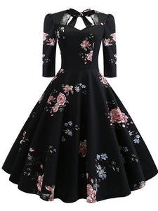 Cotton Floral Printed Back Bow Hollow Out 1950S Dress