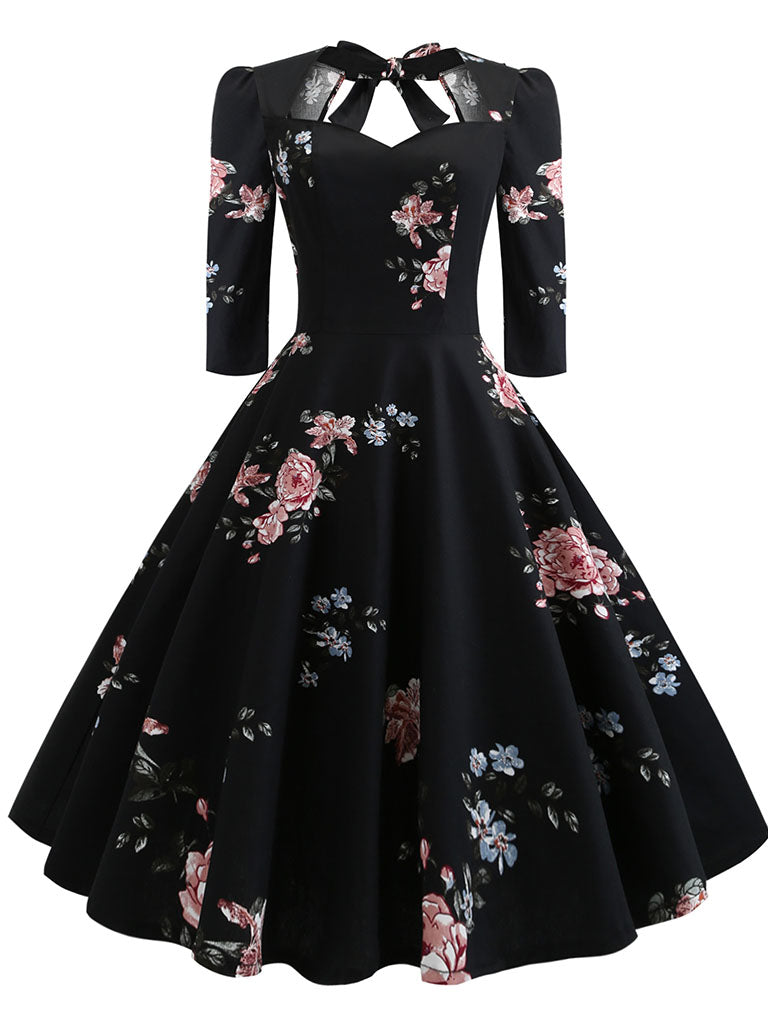 Cotton Floral Printed Back Bow Hollow Out 1950S Dress