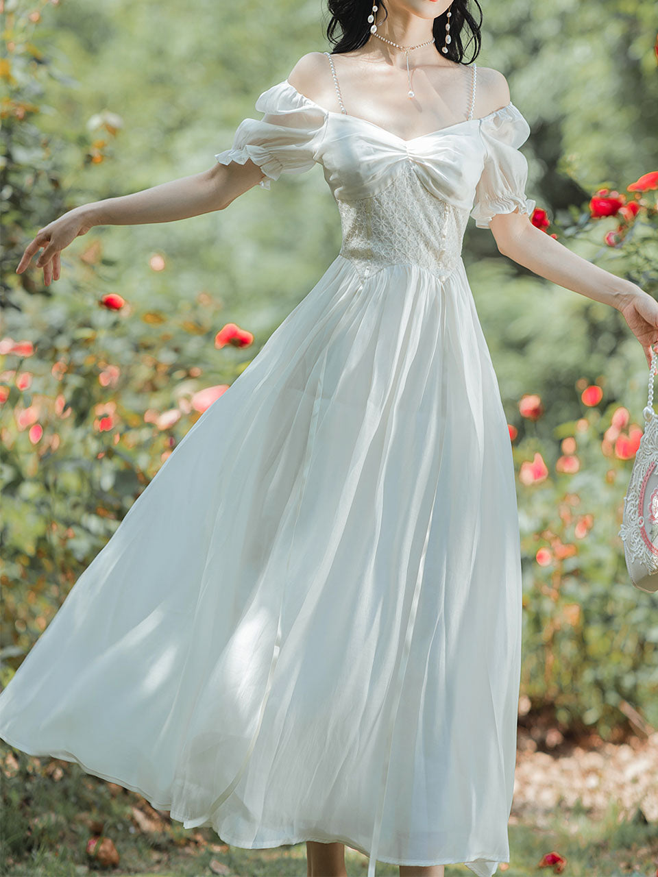 White Off Shoulder Pearl Strap Puff Sleeve Vintage 1950S Swing Victoria's Fairy Dress White / S White Off Shoulder Pearl Strap Puff Sleeve Vintage 1950S Swing Victoria's Fairy Dress White / S