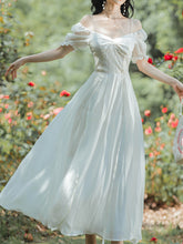 Load image into Gallery viewer, White Off Shoulder Pearl Strap Puff Sleeve Vintage 1950S Swing Victoria&#39;s Fairy Dress