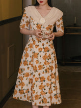 Load image into Gallery viewer, Orange Rose Print Off Shoulder Short Sleeves 50S Chiffon Dress