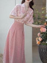 Load image into Gallery viewer, 2PS Pink Floral Print Shirt And Plaid Swing Skirt Dress Set