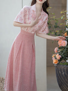 2PS Pink Floral Print Shirt And Plaid Swing Skirt Dress Set
