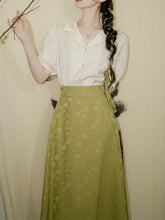 Load image into Gallery viewer, 2PS Green Turn Down Collar Flower Embroidered Shirt And Swing Skirt Dress Set