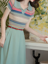 Load image into Gallery viewer, 2PS Green Stripe Knitted Lapel Shirt And Swing Skirt Dress Set