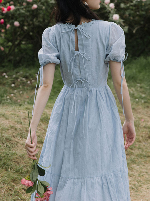 Baby Blue Puffed Sleeves Back Bow 1950S Dress