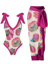 Load image into Gallery viewer, Floral Print Retro Style V Neck One Piece With Bathing Suit Wrap Skirt