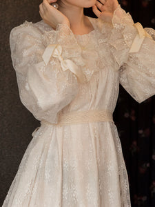 Champagne Ruffles Puff Sleeve Lace Vintage Victorian Dress