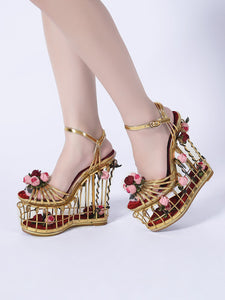 14CM Open Toe Luxury Rose Box Platform Spherical Heel Sandals Retro Shoes