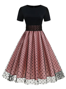 Black Crew Neck Polka Dots Embroidered Short Sleeve 50S Swing Dress
