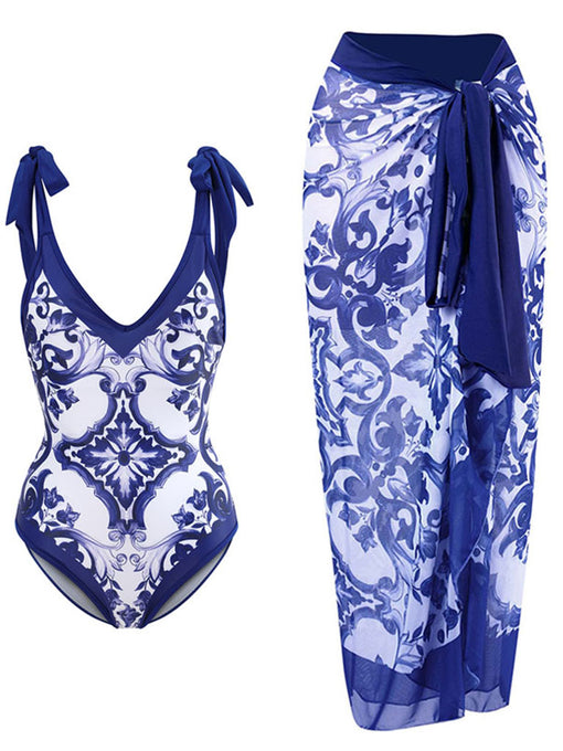 Blue And White Porcelain Retro Style V Neck One Piece With Bathing Suit Wrap Skirt