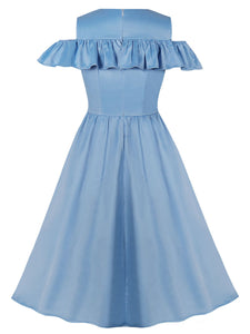Baby Blue V Neck Cut Out Shoulder Ruffles 1950S SwingVintage Dress