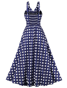 Navy Plaid Spaghetti Strap Elastic Back High Waist 1950 Vintage Dress