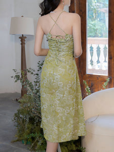 Green Rose Floral Spaghetti Strap 1950S Vintage Dress