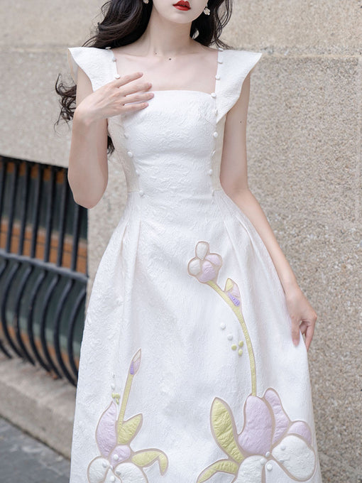 Apricot 3D Flower Butterfly Sleeve 1950S Party Vintage Dress