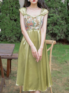 Green Rose Floral Off Shoulder 1950S Vintage Dress