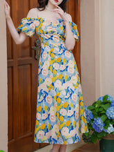 Load image into Gallery viewer, Yellow And Blue Floral Print Off Shoulder 1950S Dress