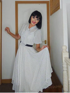 White Polka Dots Puff Sleeve 50S Dress, White / S